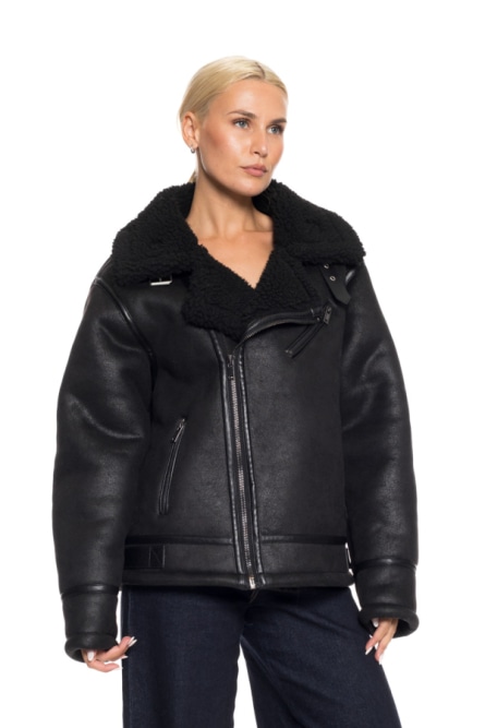 Biston fashion γυναικείο τζάκετ δερμάτινο εφέ, μουτόν