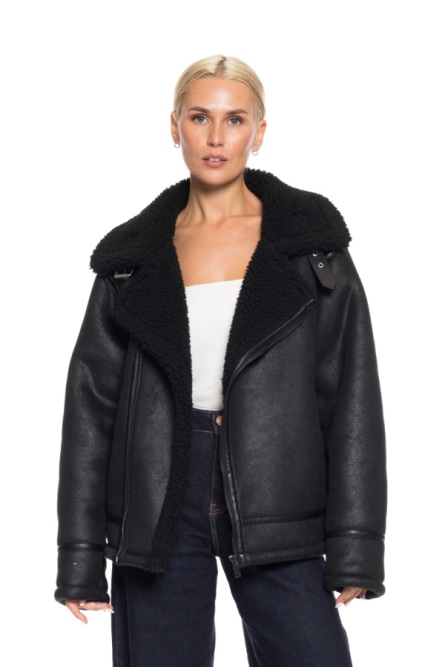 Biston fashion γυναικείο τζάκετ δερμάτινο εφέ, μουτόν