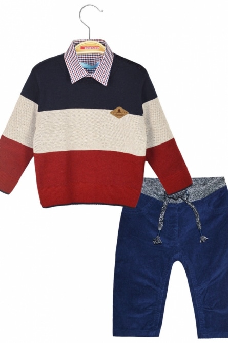 Energiers Σετ 3 τμχ, πουλόβερ με αντίθεση χρωμάτων, καρρώ πουκάμισο και παντελόνι με λάστιχο στη μέση